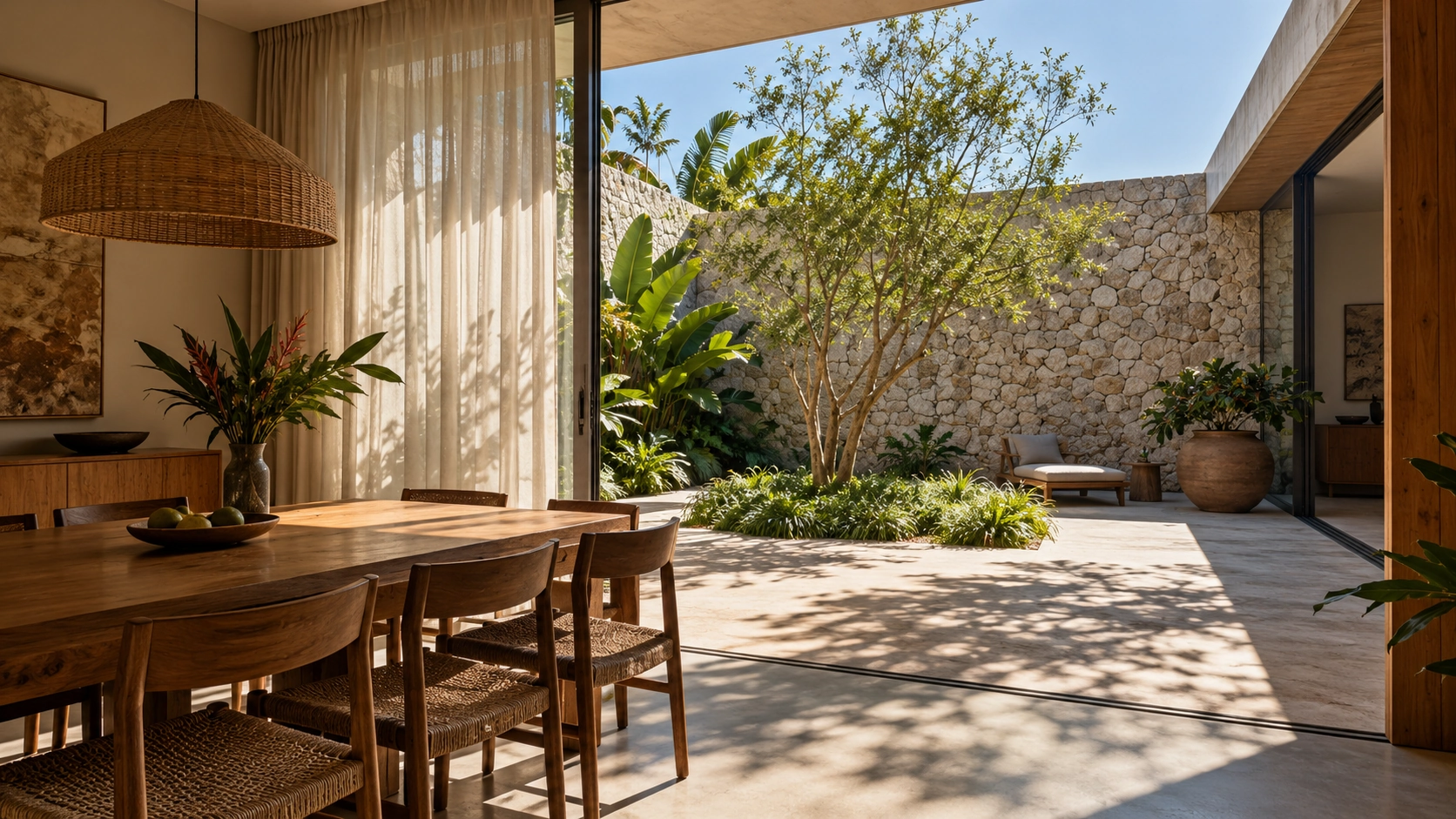 Ambiente residencial iluminado naturalmente, aberto para um jardim